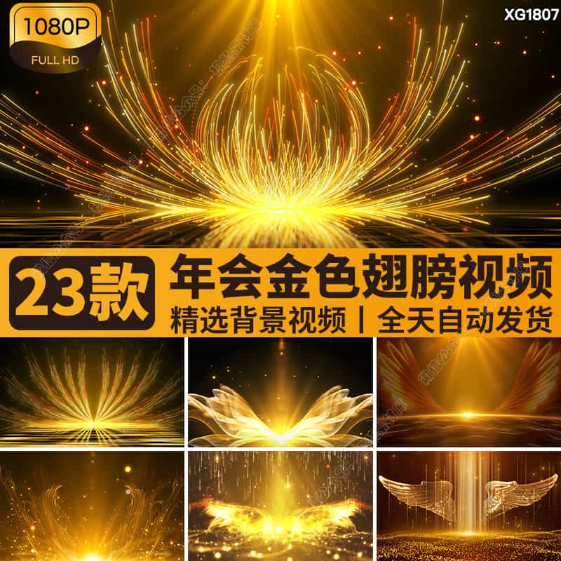 金色粒子翅膀公司年会颁奖启动仪式光效晚会舞台LED背景视频素材