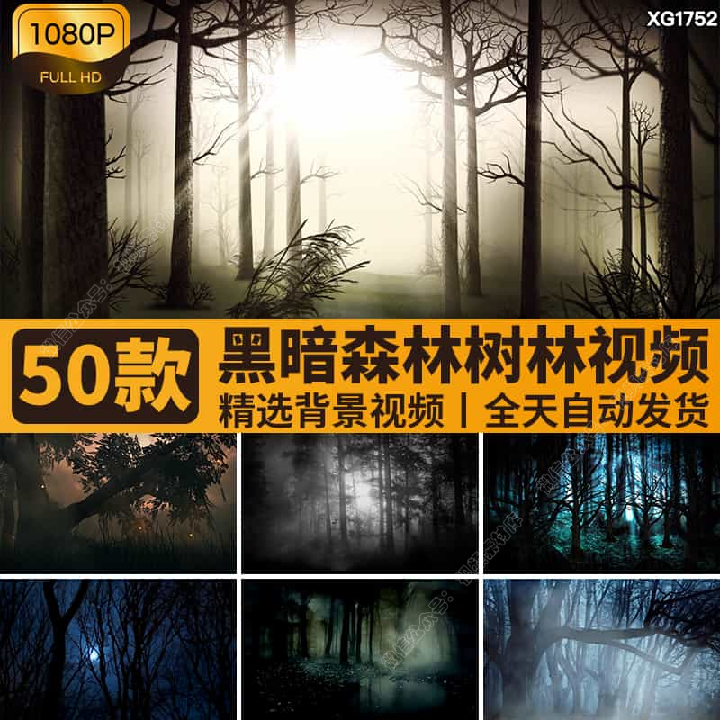 黑暗恐怖夜晚上森林迷雾幽暗神秘树林万圣节大屏LED背景视频素材